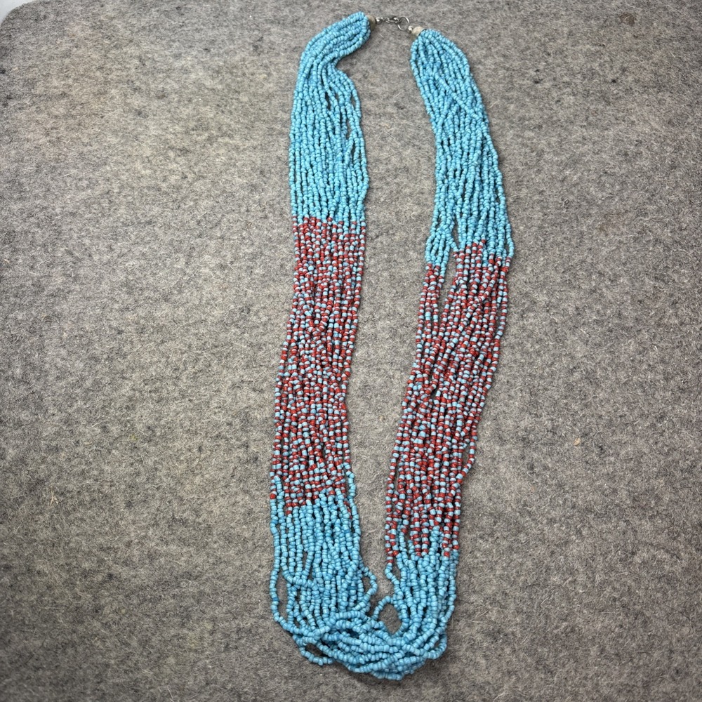 Southwestern Style Turquoise Blue and Red Seed Bead 20 Multi Strand  Necklace